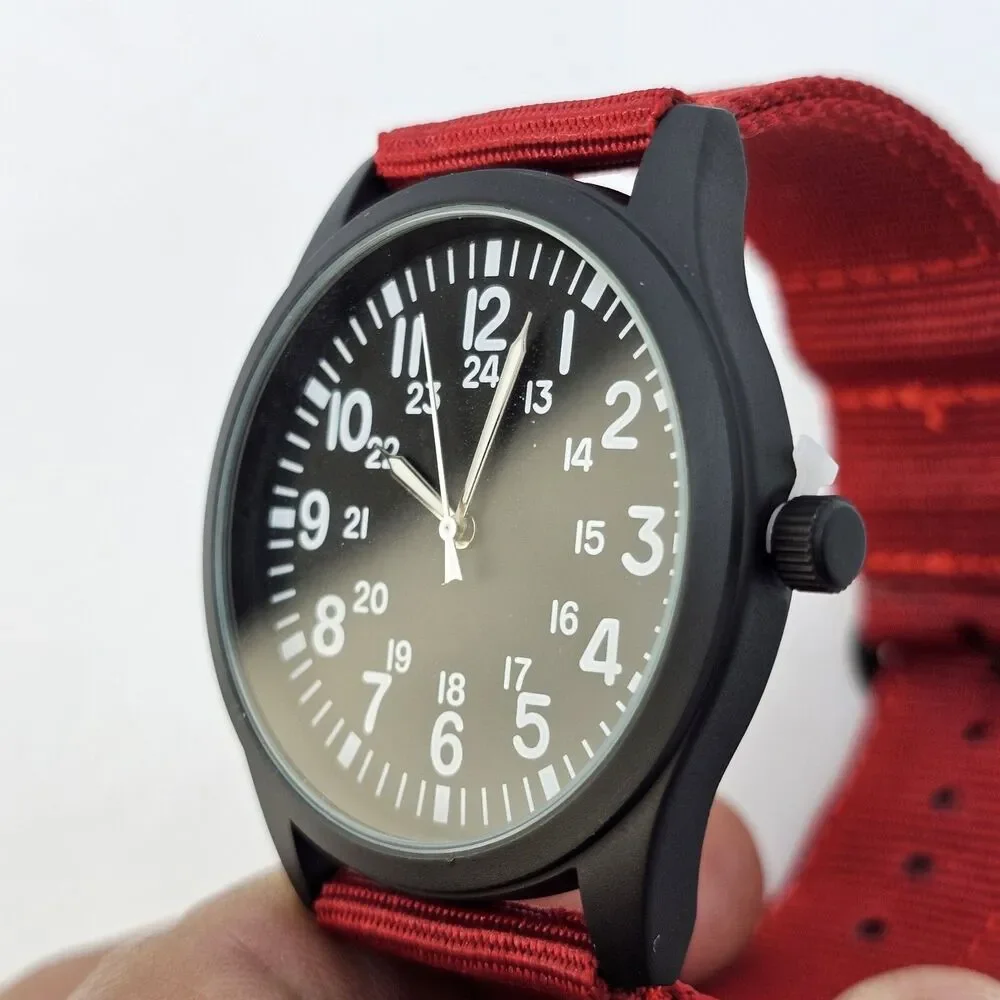 Men's Field Military Watch 42MM Black Case Black Dial Red‎ Canvas Band Straps